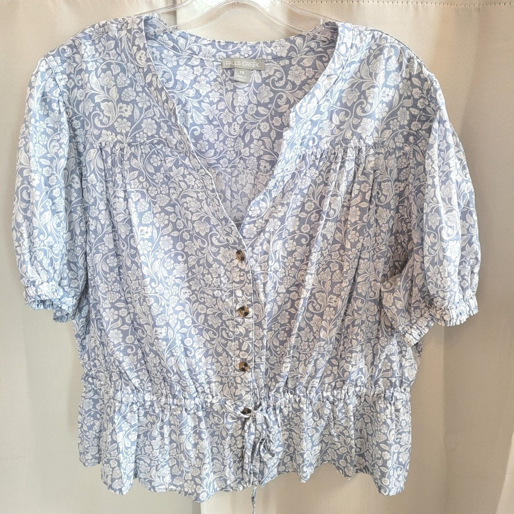 Cottage Womens Top 1X Button Floral Peplum Boho Peasant Coquette Spring 21803